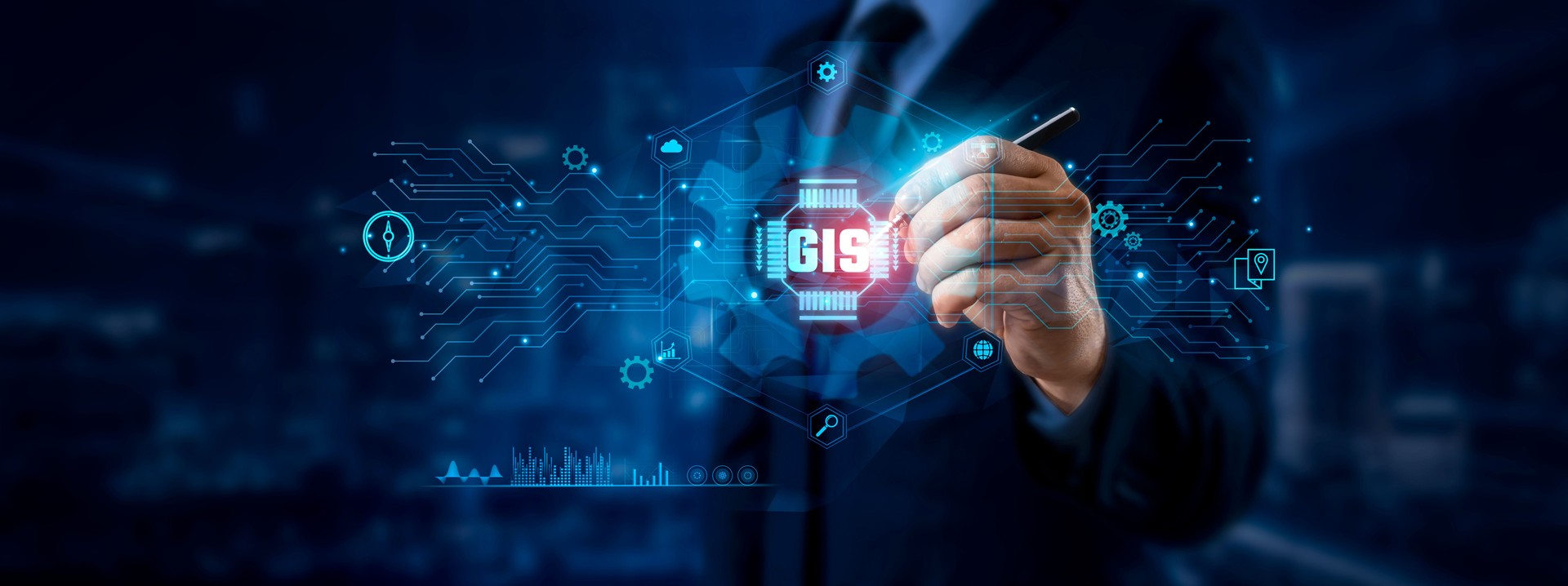 GIS Concept. Businessman Pointing to Geographic Information System (GIS) Icon and Data for Global Spatial Network on Graphic Interface. Mapping, Location Intelligence, Technology.